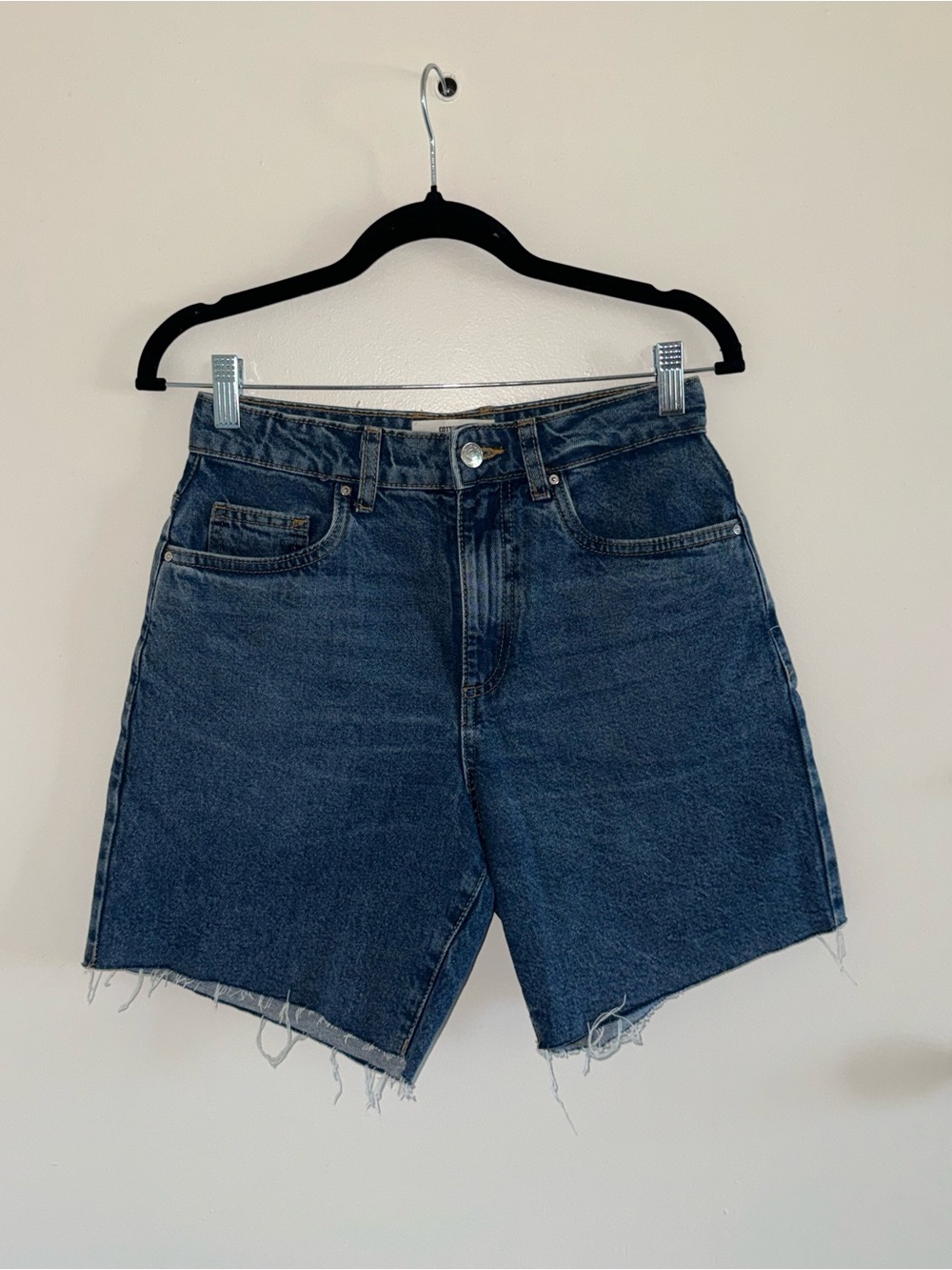 Cotton On Dark Blue High-Rise Raw Hem Denim Shorts